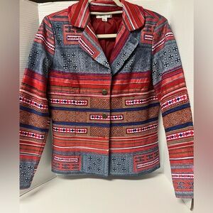 Coldwater Creek Southwestern Embroidered Blazer Red Textured Aztec Artsy Sz 6